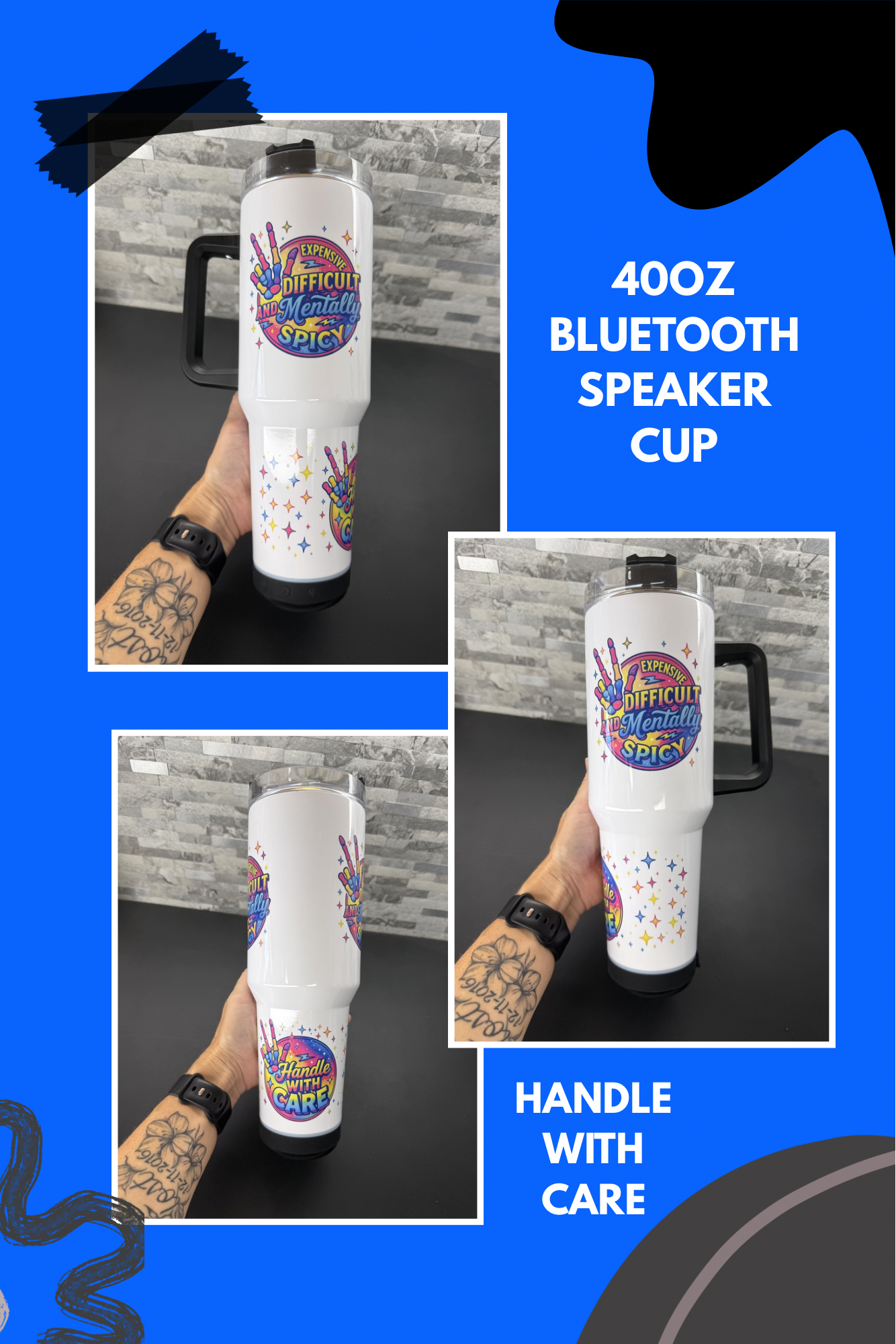 Custom 40oz Bluetooth Speaker Cups with Handle